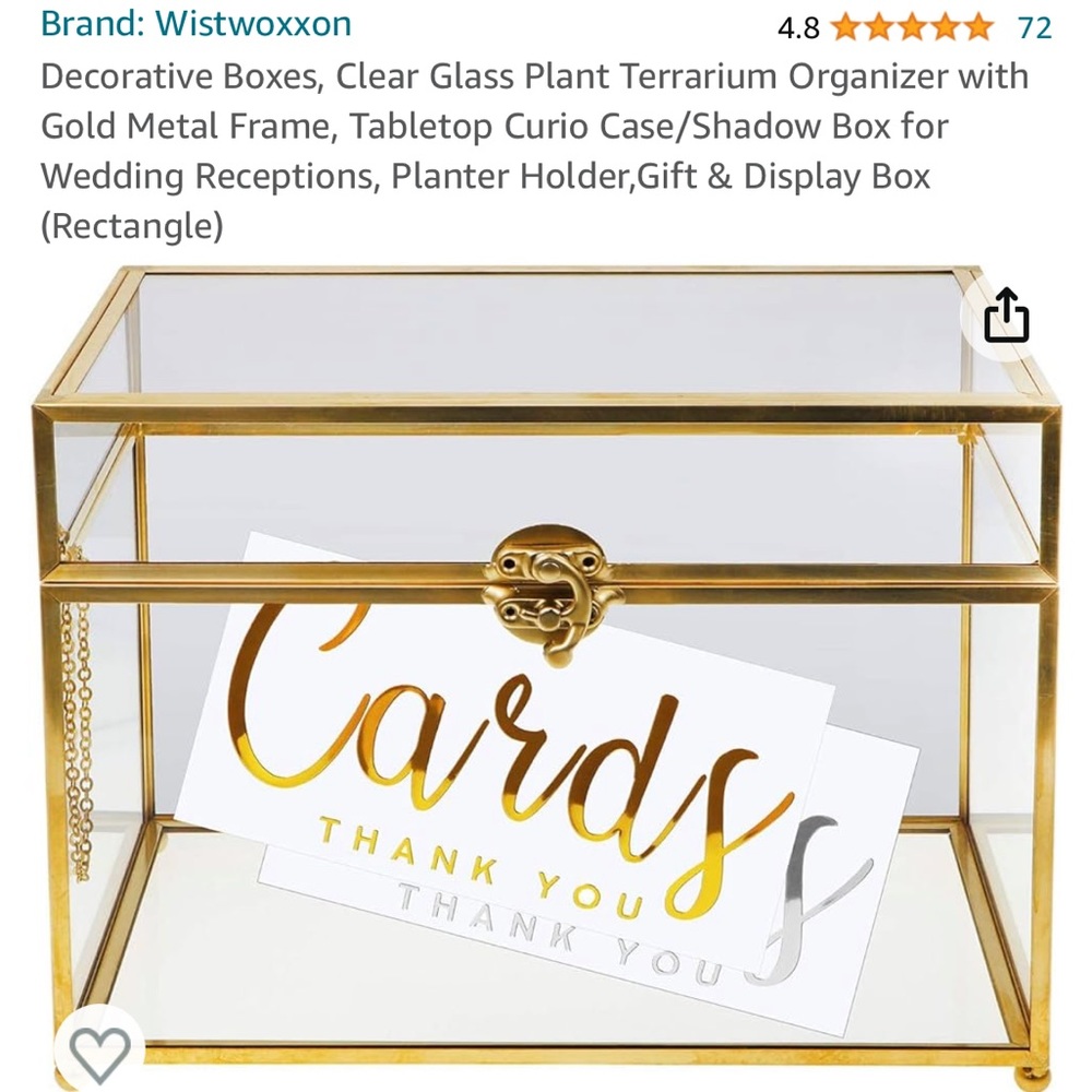 Clear glass decorative box with gold trim for cards